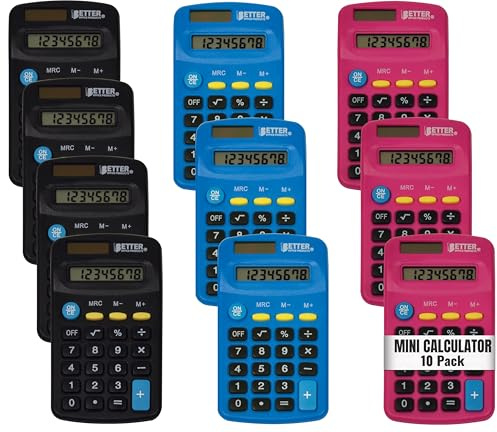 Better Office Products Pocket Size Mini Calculators, 10 Pack, Handheld Angled 8-Digit Display, Standard Function, Assorted Colors (Blue, Black, Pink), Dual Power with Included AA Battery Power