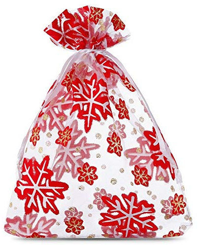 SAKETOS Weihnachten Organza Beutel 10 Stück Stoffsäckchen mit Weihnachts Motiv Geschenksäckchen Organzasäckchen mit Zugband Geschenkverpackung Weihnachts Dekoration I 18 x 24 cm - Weiß Schneesterne