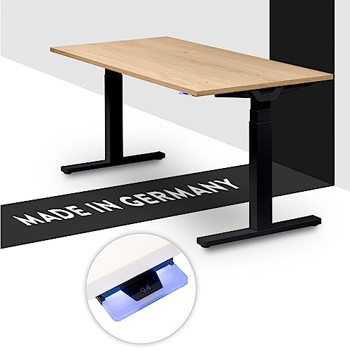 boho office® Höhenverstellbarer Schreibtisch 180 x 80 cm - Made in Germany, Elektrisch, 2 Motoren, 3-Fach Teleskop, Kollisionsschutz - Premium Line Schwarz inkl. Tischplatte in Wildeiche furniert