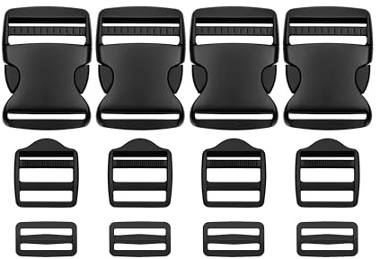 Set med stiftspänne, stångspänne och stegspänne, 12-pack, för 38 mm breda band, 4 x 38 mm spänne vardera, i svart, bältesspänne med dubbelsidigt klickfäste, spänne för bältesbandsklämma