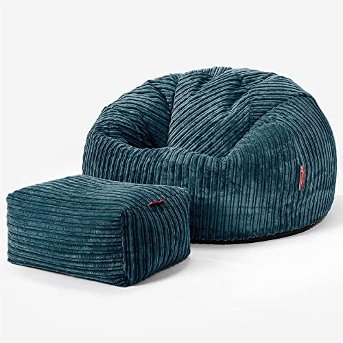 Lounge Pug, Klassischer Sitzsack Sessel mit Hocker, Cord - Blaugrün