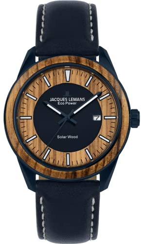 JACQUES LEMANS Herrenuhr, Eco Power Uhren Männer, Chronograph aus massivem Edelstahl mit Apfel-Leder Armband, Model 1-2116