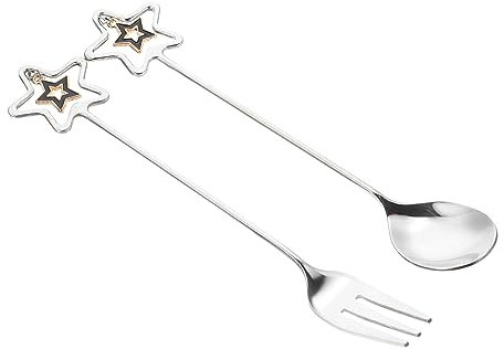 BESTonZON Star Spoon Fork Set Silver Stainless Steel Heart and Pentagram Shaped Dessert Spoons and Forks for Party Kitchen Utensils for Portable Fruits Eating