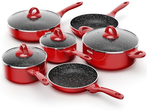 BEZIA Induktions-Kochgeschirr-Set 10-teilig, spülmaschinenfest, antihaftbeschichtet, Bakelit-Griff, kratzfeste Küchensets mit Bratpfannen, Töpfen und Suppentopf (rot)