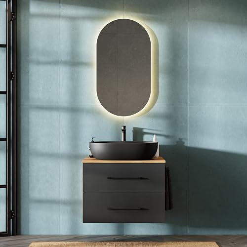 Planetmöbel LUX Badmöbel Set Waschbecken mit Unterschrank 70 cm | Aufsatz-Waschbecken 60 cm schwarz, Spiegel 50 cm (ohne LED), Waschbeckenunterschrank Gold Eiche/Anthrazit