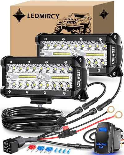 LEDMIRCY 7 Inch LED Light Bar Kit with Rocker Switch Wiring Harness 2PCS LED Pod Lights Triple Rows White Spot Flood Combo Beam Off Road Lights for Jeep Truck ATV SUV UTV Boat IP68 Waterproof