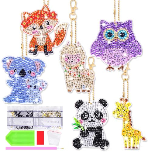 Yotako 6 Stück Diamond Painting Schlüsselanhänger, 5D Diamond Painting Keychain DIY Diamand Painting Schlüsselanhänger, Diamant Painting Anhänger für Erwachsene Kinder