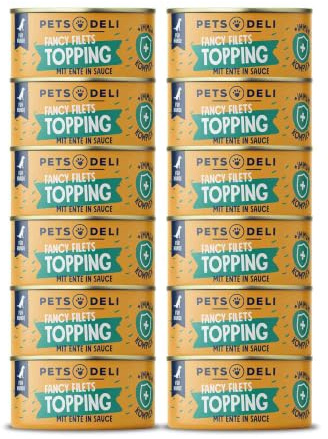 Pets Deli Topping für Hunde mit Ente in Sauce, 12x70g | Würzige Ente in saftiger Sauce, mit Gojibeere & Thymian für die Abwehr, getreidefrei, ohne Zucker, Premium Qualität