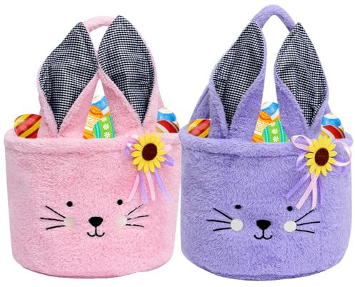 Tierisch süßer Osterkorb - Osterhase Plüschkorb zum Befüllen und Verschenken als frühlingshafte Osterdeko und Geschenkidee für ein blumiges Osternest. (Rosa & Lila)