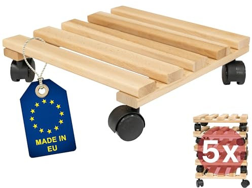 ITA Set de 5 Soportes con Ruedas para Plantas Cuadrados 30x30 cm de Madera de Haya - Capacidad de Carga 120 kg - Interior y Exterior