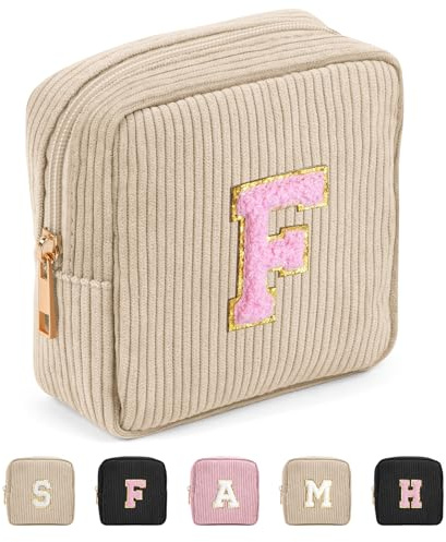 Cord Kosmetiktasche MAGEFY Kleine Make up Tasche für Handtasche Mini Schminktasche für Frauen Reise Personalisierte Letter Kosmetiktasche Kleine, Beige-F