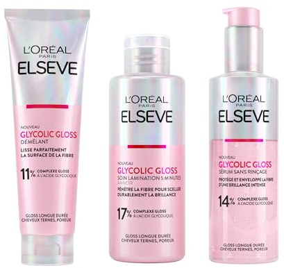 L'Oréal Paris, Elvive Glycolic Gloss, 5 Minuten-Laminierungsbehandlung (200 ml) + Serum ohne Ausspülen (150 ml) + Spülung (150 ml), Set für stumpfes und poröses Haar, intensiver und langanhaltender