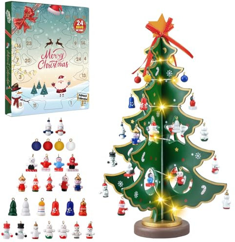 Dalugo Advent Calendar 2025, 24 Days Countdown Advent Calendar Wooden Christmas Tree with Lights and 28 Mini Ornaments for Christmas Tabletop Decoration Party Favors Gift