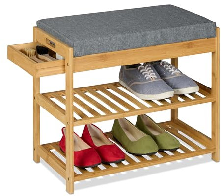 Relaxdays Banco Zapatero con Asiento Acolchado y 2 Baldas, con Cajón, 49 x 55 x 30 cm, Bambú y Lino, Natural y Gris