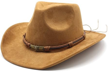 Khakifarbener Cowboyhut für Damen und Herren, breite Krempe, Outdoor-Wildlederhut, klassischer Western-Stil, mit Metall-Schädel-geflochtenem Band, braun, 2