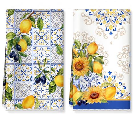 Arquiel Set di 2 Strofinacci Cucina Limone Asciugamani Da Cucina in Microfibra Assorbente Canovacci Cucina Decorazione Regali di Vacanza per Cucina 40 cm x 60 cm