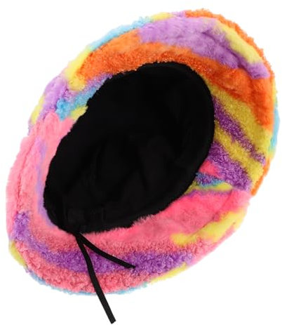 SAFIGLE Flauschiger Regenbogen Fischerhut Damen Warm Winddicht Plüsch Kunstfell Eimerhut Vintage Stil Vielseitig Für Herbst Winter Alltag