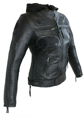 ALPHA SPEEDS Damen Motorradjacke Lederjacke Damen Jacke mit Protektoren Lederjacke mit Kapuze Leather Jacket Biker Jacket Custom Jacke