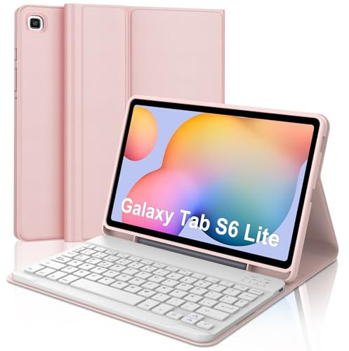 WAVATA Funda con Teclado para Samsung Galaxy Tab S6 Lite 10.4, Tecla España Ñ para Galaxy Tab S6 Lite 10.4''，Bluetooth Desmontable Teclado para Samsung Tablet S6 Lite, Rosa