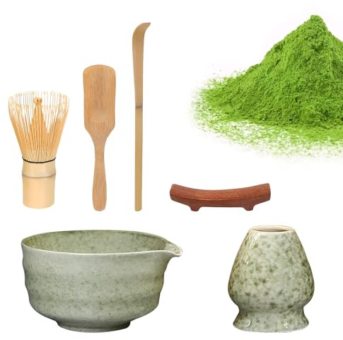 Matcha Kit 6 Pièces - Kit Complet avec Fouet en Bambou, Cuillère & Spatule Bambou, Bol/Tasse Céramique, Support - Cadeau Cérémonie du Thé