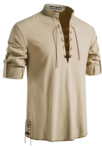 PARKLEES Men's Medieval Viking Pirate Vintage Lace Up Costume | for Renaissance, Halloween, Cosplay, Drawstring, Long Sleeve