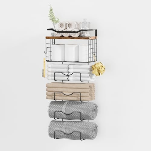 GLARETEX Towel Rail - Towel Rack Bathroom Multifunctional Space Saving Model with Hooks, 6 Tier Rolled Guest Towel Holder, Black
