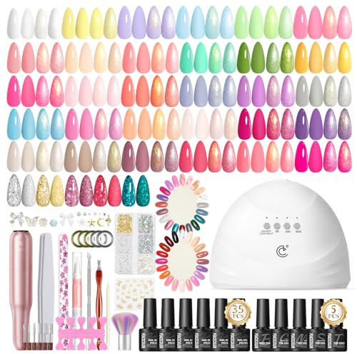 PEACECOLOR 58PCS Gel Nail Polish Set with Lamp and Drill: 35+5 Colours Spring Summer Pastel Gel Nail Kit with Glossy Matte Glitter Base Top Coat Full Salon Tools for Gifts Women Girls Teens