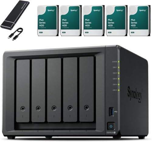 Synology DS1525+ - Set server NAS a 5 bay (8 GB RAM, 10 TB di memoria), 5 dischi rigidi NAS da 2 TB, dispositivo di archiviazione di rete desktop ad alte prestazioni, con SSD esterno