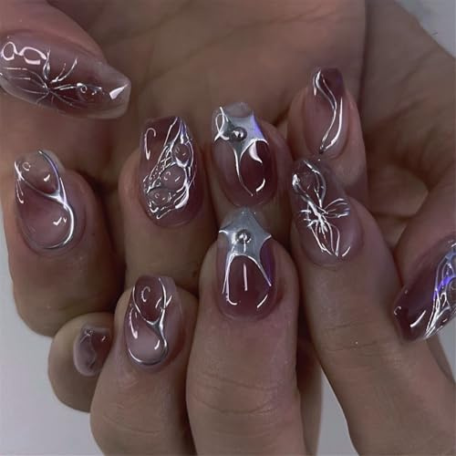 24 unghie a pressione corte con fiori artificiali a forma di fiamma, sfumature, copertura completa in acrilico