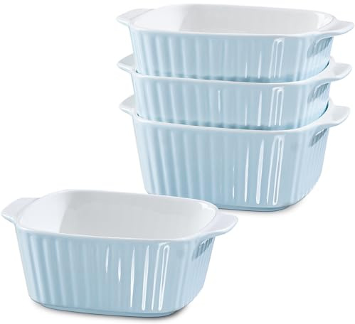 NUTRIUPS 13 Unzen Keramik-Auflaufformen-Set, 4er-Set, quadratische Auflaufformen, 400 ml kleine Auflaufform für den Luftfritteur, Keramik-Backgeschirr mit Griffen (Hellblau)