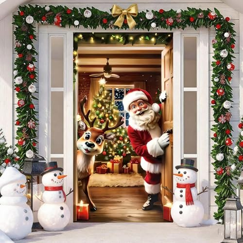 Weihnachts-Türdekoration mit Weihnachtsmann und Rentieren, Hängen Banner Hintergrund, Weihnachtsbanner für Haus Haustür Veranda Weihnachten Deko -35.4 x 70.8 in