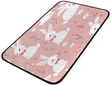 Mexpekil Niedliche rosa weiße Kaninchen-Fußmatten für drinnen und draußen, Eingang, 100 x 50 cm, rutschfest, Küchenteppich, Fußmatte, Badteppich