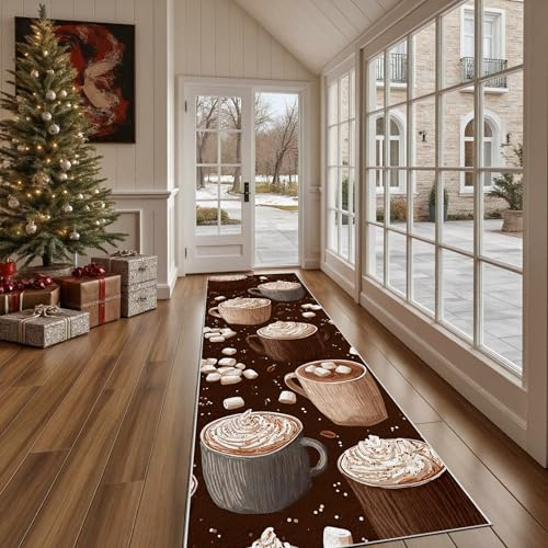 Dppyuxa Winter Heiße Schokolade Teppich Läufer Essen Tasse Waschbar & rutschfest, Küchenteppich für Küche, Flur Süß Kaffee Flurteppich Lang Küchenläufer Schmutzabweisend 80x200 cm