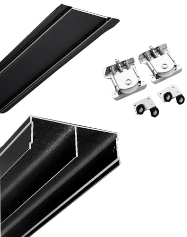 Wardrobe Sliding Door Track Set, Guide Rails with Rollers, Double Mountain-Shaped Rails for Non-Groove Cabinet Doors(Black,200cm/78.7in)