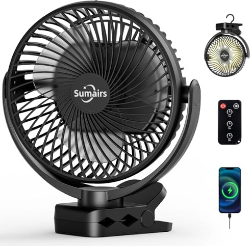 Sumairs 10000mAh Akku Camping Ventilator,20cm mit Lampe,10-58 Std. Laufzeit,Ultra-Leise,Klemmen,Fernbedienung,Powerbank,Tragbarer USB Tischventilator für Outdoor,Zelt,Reise,Büro,wohnmobil,Schlafzimmer
