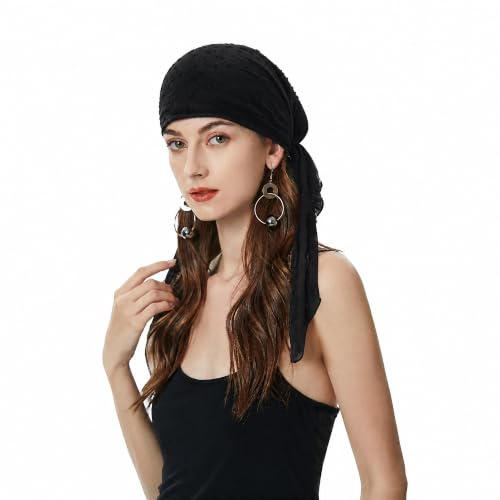 ZLYC Chemo Headwear - Pañuelo preatado para la cabeza, gorro ligero para mujer, Swiss Dot Negro, Talla única