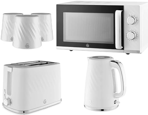 Swan Windsor White 6 Piece Kitchen Appliance & Storage Set – 1.7L 3KW Kettle, 2 Slice Toaster, 20L 800W Microwave & 3 Canisters Bundle Set – Textured Gloss Finish with Chrome Accents