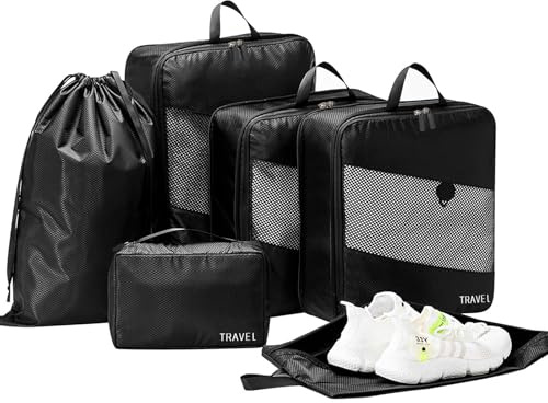 Daitore Koffer Organizer Set 6-teilig, Packing Cubes Verpackungswürfel, Packtaschen für Koffer Reiseorganizer, Packwürfel für Urlaub und Reisen, Schwarz