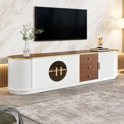 Httcg TV Schrank Lowboard für Fernseher bis zu 75 Zoll, TV Board Weiss Fernsehschrank mit Braunes Glas und Vertikale Rillenoptik, Fernsehtisch Wohnzimmerschrank mit Schublade und Tür, 180x40x46 cm