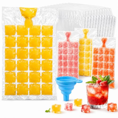 Stampo Ghiaccio 480 Cubetti – 20 Buste Autosigillanti con Imbuto, Alternativa Macchina Ghiaccio Casa, Ideale per Cubetti, Cocktail, Whisky, Stampi per Freezer