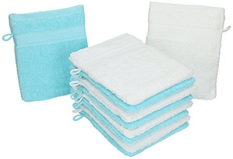 Betz 10 guanti da bagno manopola Palermo 100% cotone misure 16 x 21 cm colore bianco e turchese