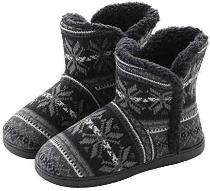 Chausson Femme Pantoufle Homme Peluche Hiver Maison Tricot Fille Ski Chaussures Coton Chaud Velours Fleur Chambre Plate Garder au Chaud Jacquard Bottes de Neige Automne Noir Semelles en Caoutchou