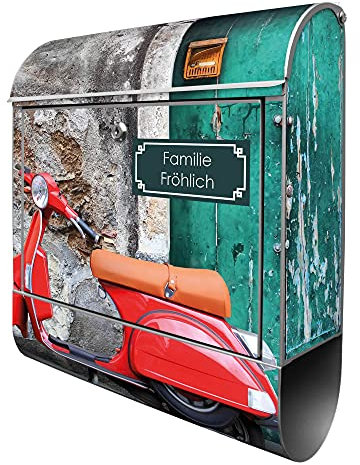 banjado Design Briefkasten personalisiert Italienischer Roller 38,5x46,5x13cm & 2 Schlüssel - Briefkasten Stahl Silber Zeitungsfach pulverbeschichtet - Postkasten A4 Einwurf inkl. Montagematerial