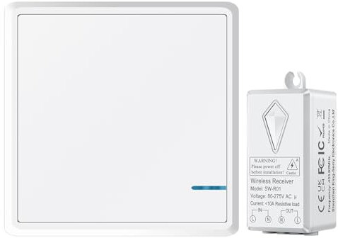 NineLeaf Wireless Light Switch Kit, 80~275V Remote Light Switch with 10A Receiver, LED Indicator, Silent Button, IP66 Waterproof, V0 Fireproof, Programmable, Easy Install, Works with Most Lights