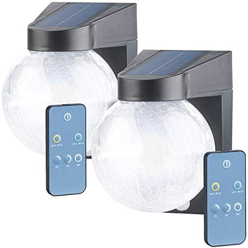 Luminea Solar Wandlampe: 2er Pack Solar-LED-Wandleuchte im Crackle-Glas-Design, PIR-Sensor, (Leuchte Fernbedienung, LED-Wandlampe, Ball)