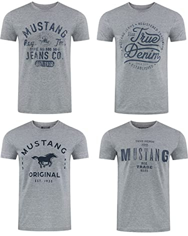 MUSTANG Tshirt Herren Baumwolle Regular Fit 4er Pack Set Rundhals Kurzarm Sommer Tee Shirt Logoprint Schwarz Weiß Grau Blau Grün S M L XL XXL 3XL 4XL 5XL 6XL