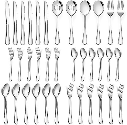 LIANYU 36-Piece Silverware Set with Serving Utensils, Stainless Steel Silverware Flatware Set for 6, Elegant Cutlery Tableware Includes Fork Spoon Knife, Mirror Polished, Dishwasher Safe