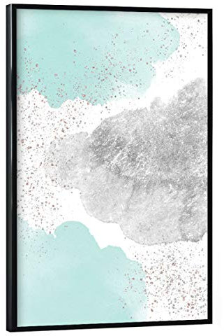 artboxONE Poster mit schwarzem Rahmen 75x50 cm Für Kinder Sparkling Watercolour Clouds - Silver Mint - Bild Silber