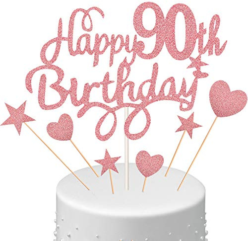 Boao Birthday Cake Topper Set with Heart Star Cupcake Picks, 90th | Rose Gold Party Decor, Happy Celebrations, Text Topper with Star Heart Picks, Milestone Supplies for Mum Her