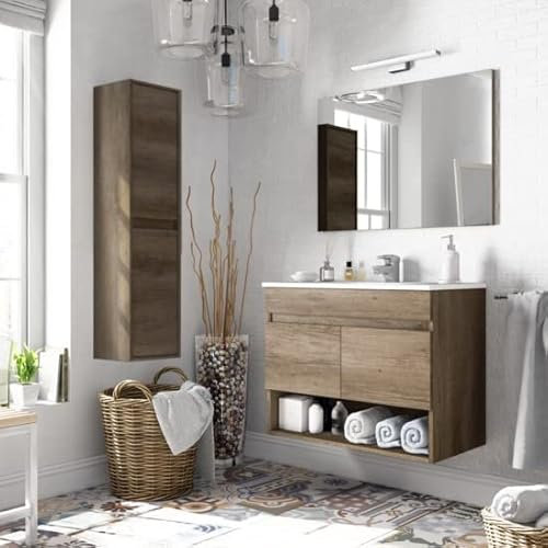 Bagno Italia Mobile Bagno cm 80 con colonna inclusa Rovere Nordik con lavandino Specchio arredo moderno sospeso